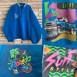 Vintage 90s Blue Surf Style Chevy 4x4 Florida Windbreaker Neon Detail One Size​​